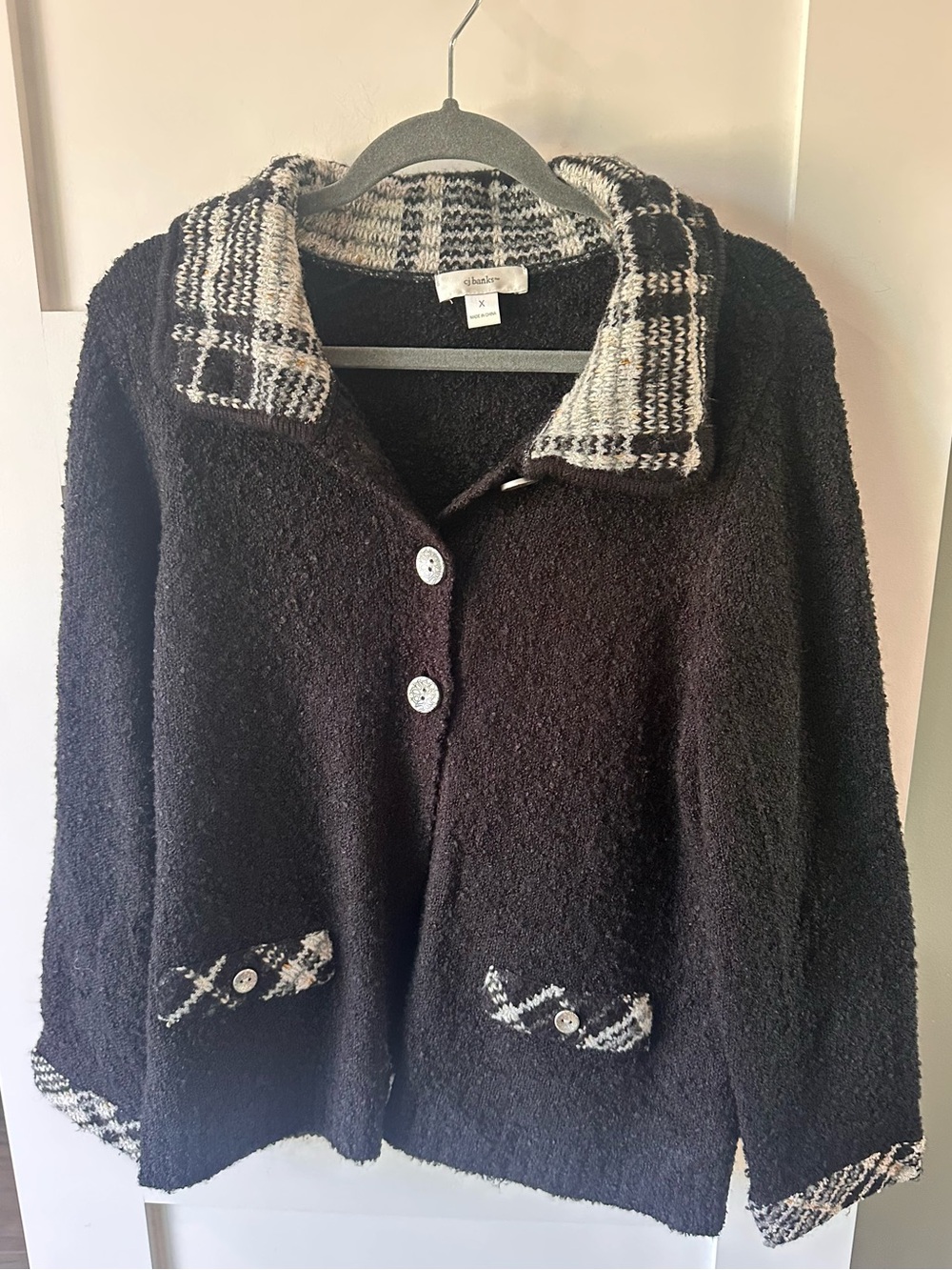 Christopher & Banks Women’s X 14W Black Cardigan 3 Button Sweater Plaid Collar
